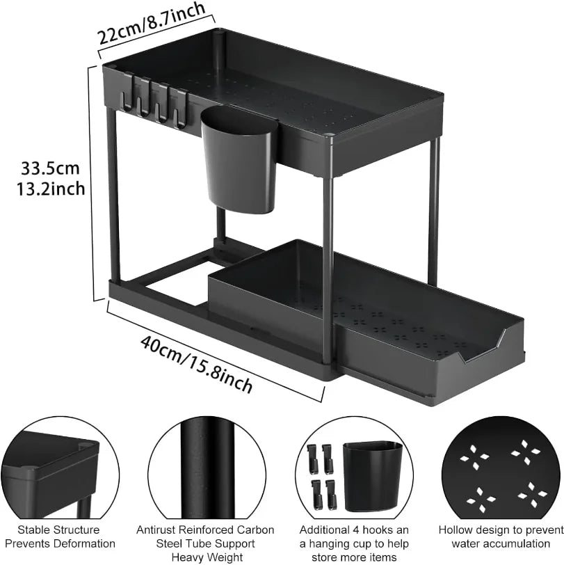 rangements sous évier deux niveaux étagère suspendue crochets porte gobelet moderne noir gris utilitaire