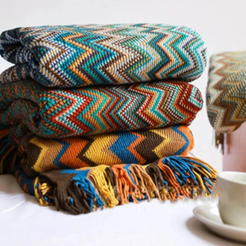 couverture multicolore zigzag ethnique portable rétro acrylique hiver été décoration murale tapisserie voyage hospitalière