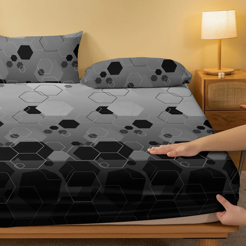 drap plat géométrique hexagones noir gris moderne literie chambre lit polyester artisanat tissage