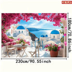 papier peint mural paysage santorini dômes bleus fleurs roses classique blanc gris grande taille