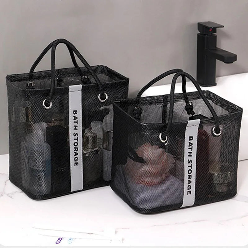 sac rangement bain noir polyester réutilisable maille moderne poignées accessoires stockage fitness