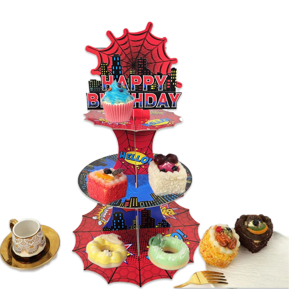 support gâteaux festif spiderman happy birthday cupcakes rouge bleu toile d'araignée moderne décoration anniversaire