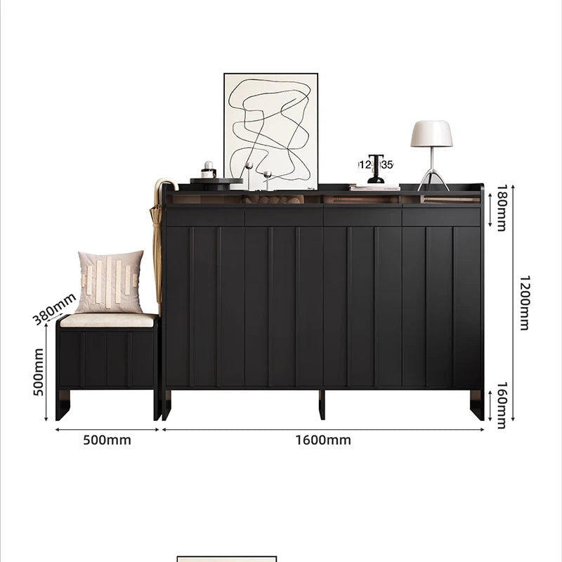 meuble entrée moderne noir panneaux verticaux lisses rangement tabouret coussin plaques mesure