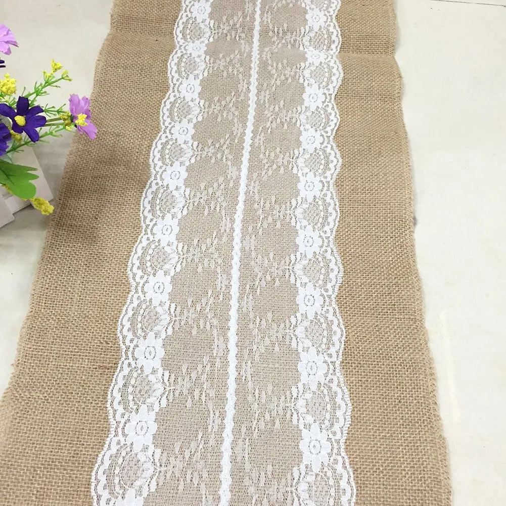 nappe table vintage jute lin dentelle bordure fleurs artificielles rustique cuisine salle manger