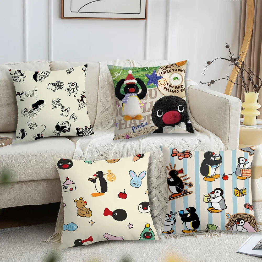 housse coussin carré beige motif pingouin cartoon décoratif salon chambre enfant tissu coton