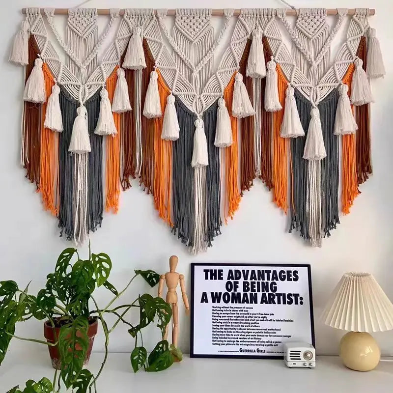 tapisserie macramé boho blanc gris bleu orange motifs géométriques franges crochet chambre