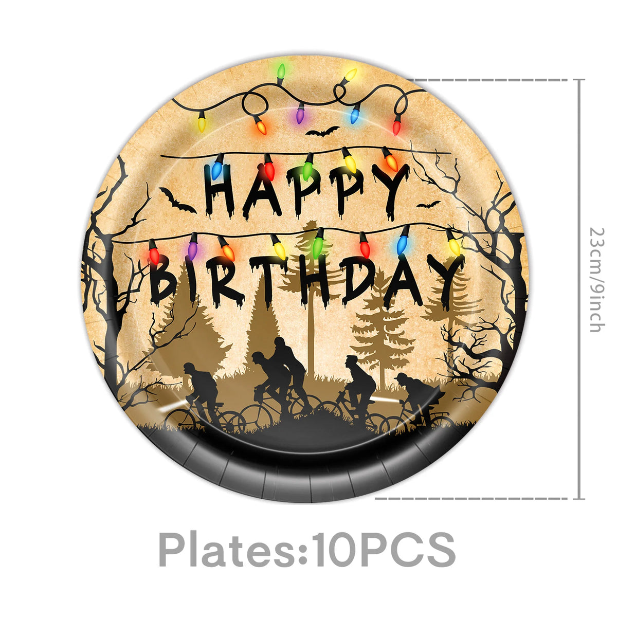 décoration fête anniversaire silhouettes cyclistes arbre guirlande lumineuse happy birthday friends don't lie nappe