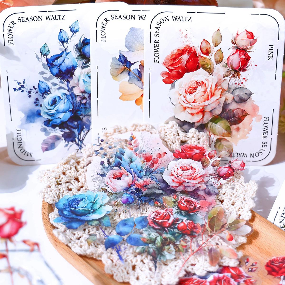 stickers décoratifs floraux roses fleurs sauvages eucalyptus illustration art floral vintage bleu blanc vert