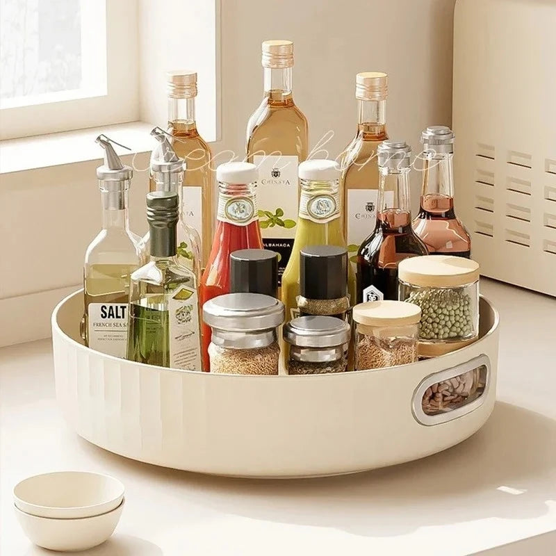 organisateur rotatif moderne plateau tournant rangement crème lignes horizontales bouteilles cosmétiques pots verre 28cm