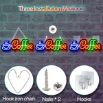 enseigne néon moderne lettres Coffee tasse bleu rouge vert fixée crochets