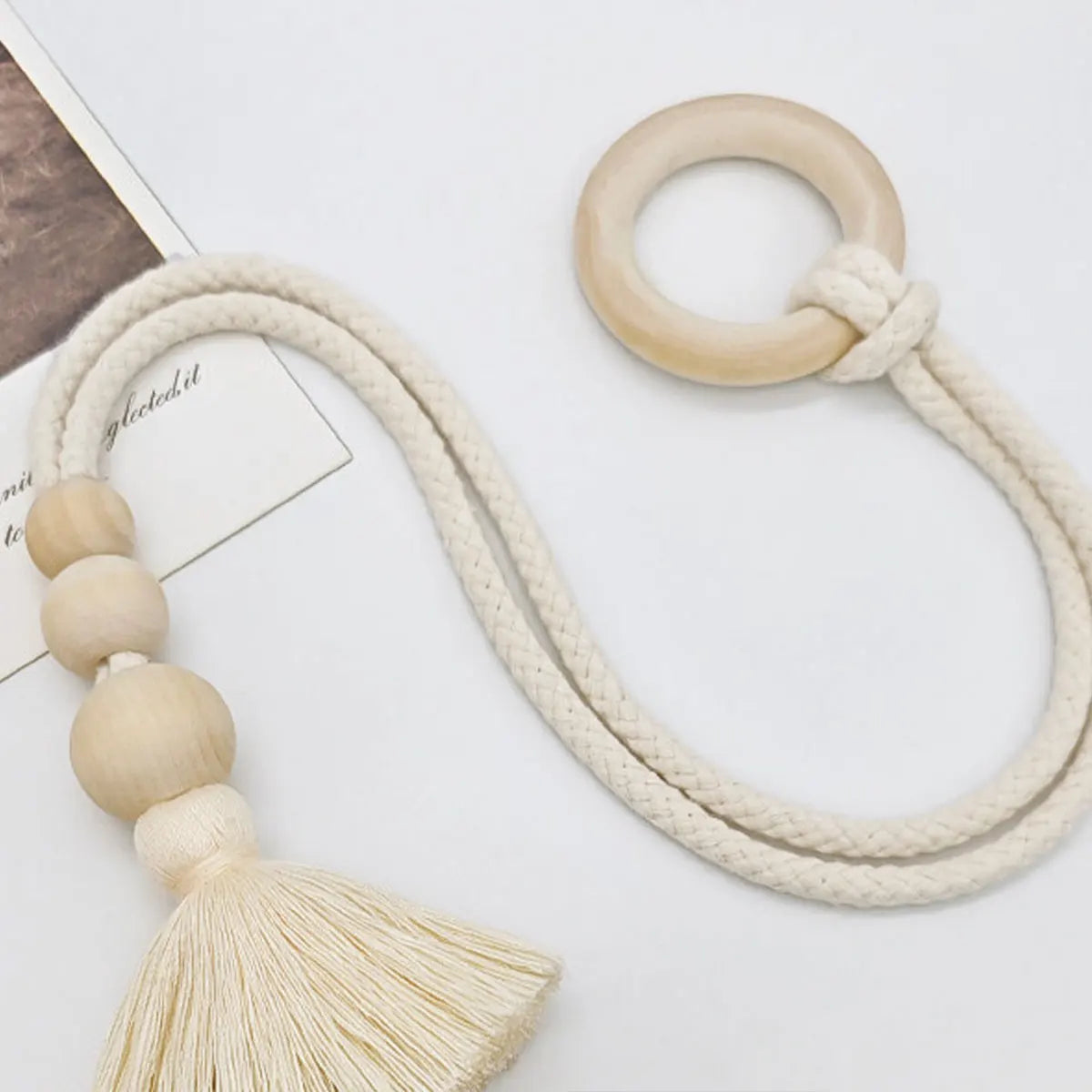boucles rideau tissu tressé bois pompons boho chic anneaux réglables coton opaque nordique rustic