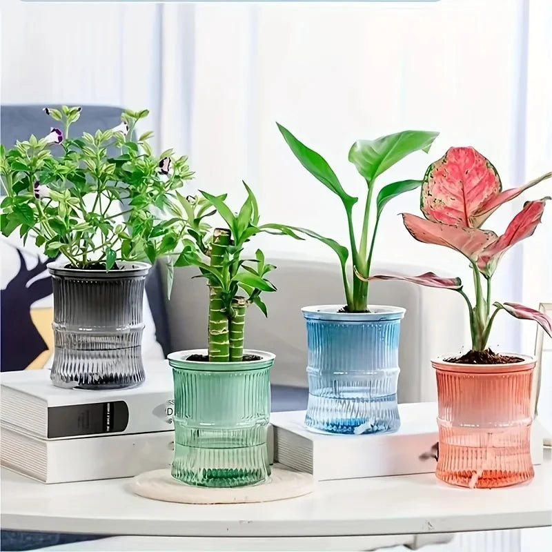 Pot plante moderne rayures verticales plante verte gris bleu rose