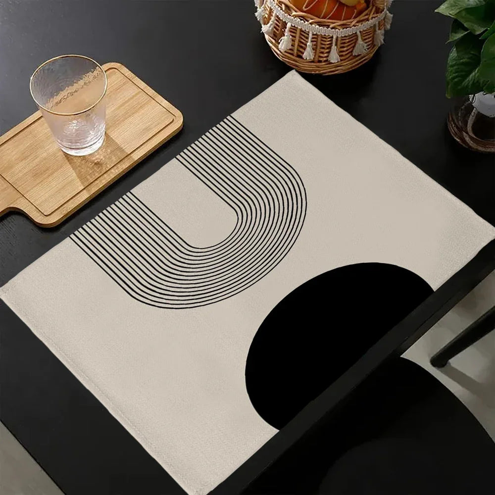 tapis table moderne minimaliste beige noir marron clair lignes cercles 30x45cm polyestere lin