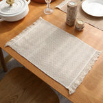 nappes lin beige motif losanges franges decoration table bohème rustique