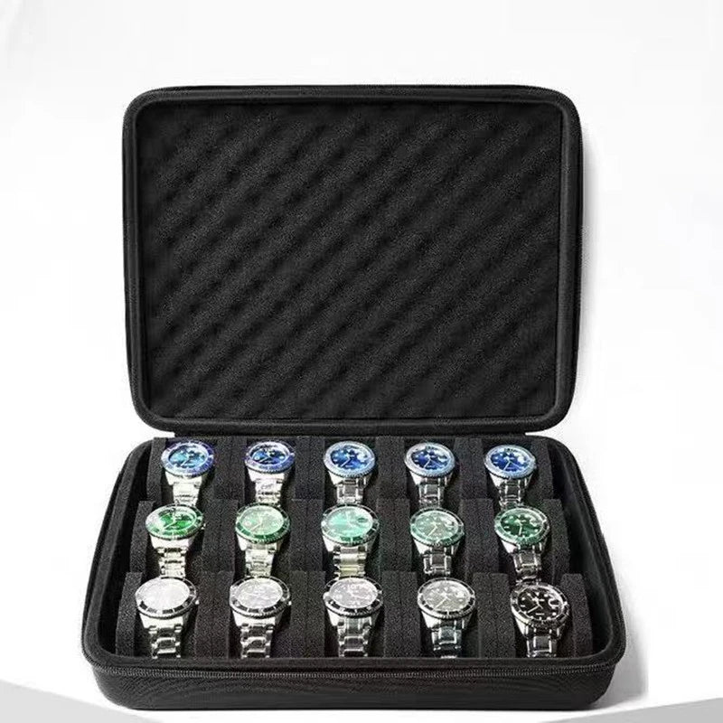 boîte rangement montres mousse noire texture tissu moderne zipper 10 compartiments sécurités différentes tailles