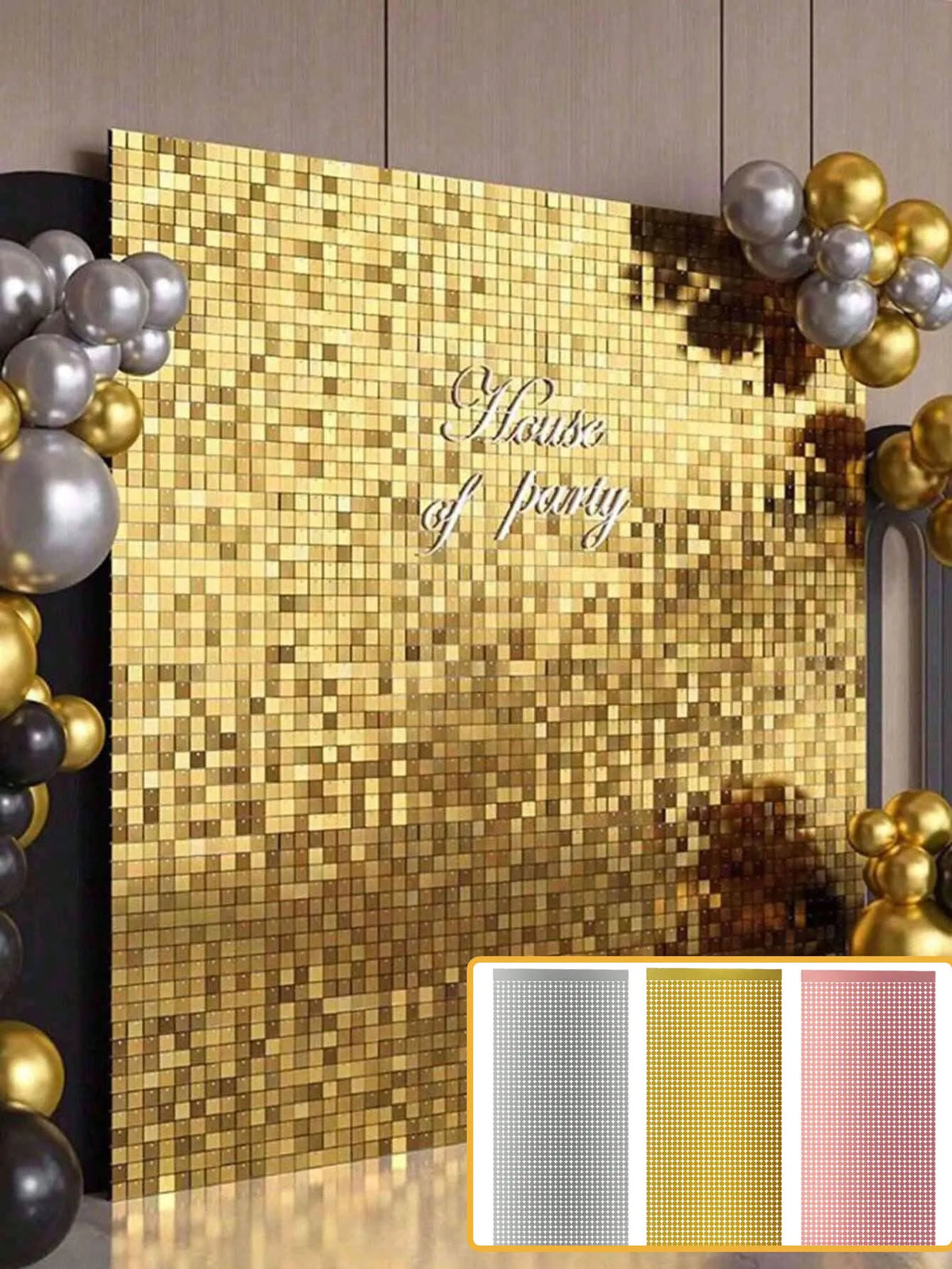 rideau decoratif panneau mural or argent rose carres scintillants surface texturée occasion fete anniversaire