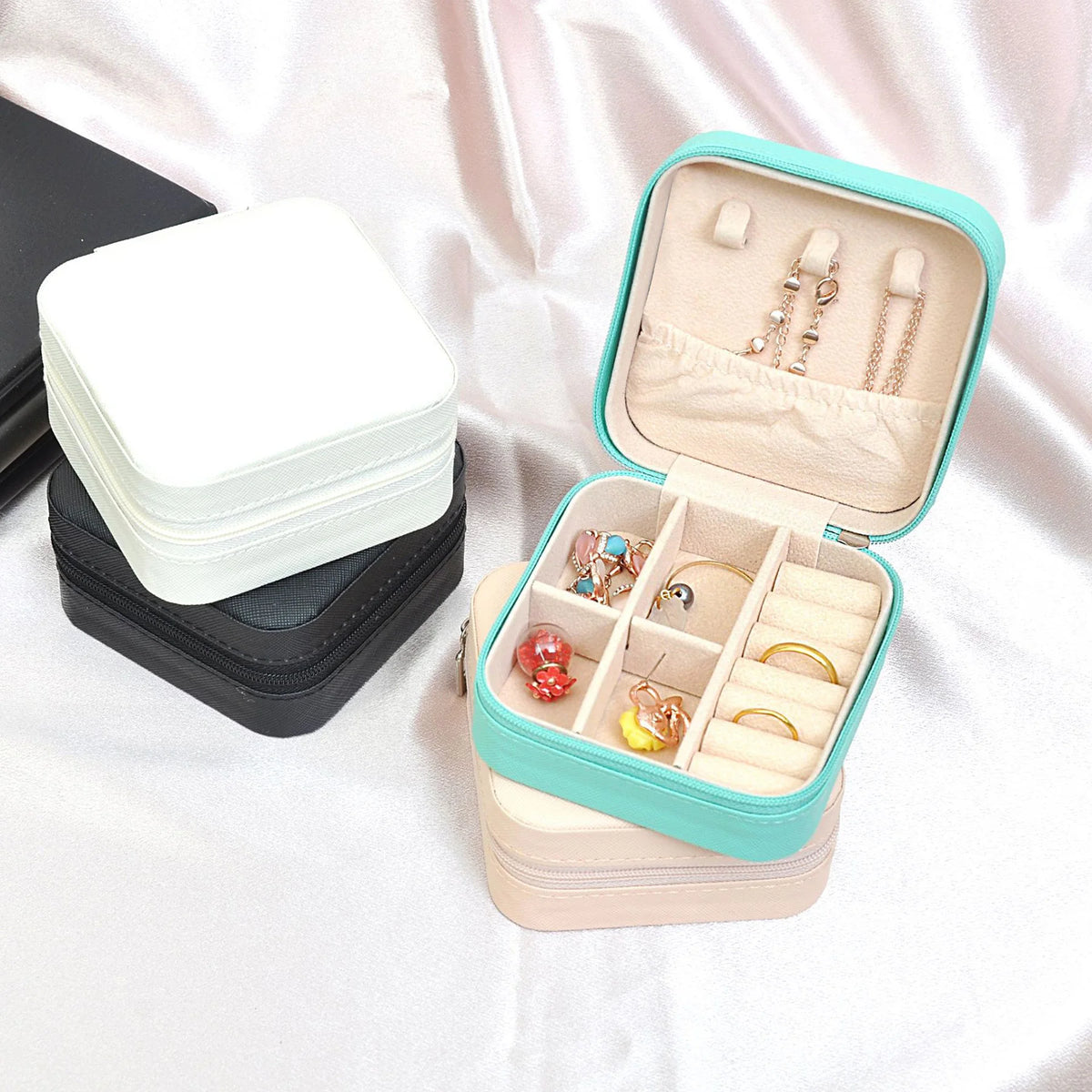 boîte bijoux réutilisable zippée moderne toile beige cuir turquoise noir