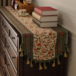nappe table motif floral ethnique coton polyester couleur beige rouge verte jaune marron franges