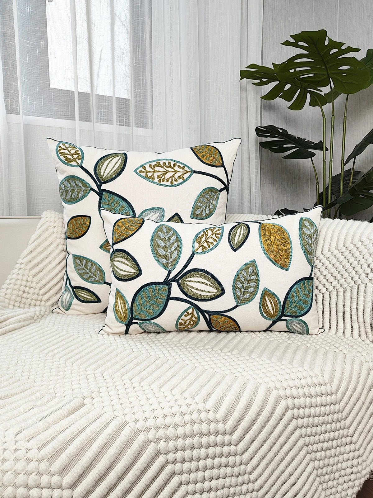 housse coussin brodé feuilles vertes dorées moderne salon décoration voiture 100 polyester durable