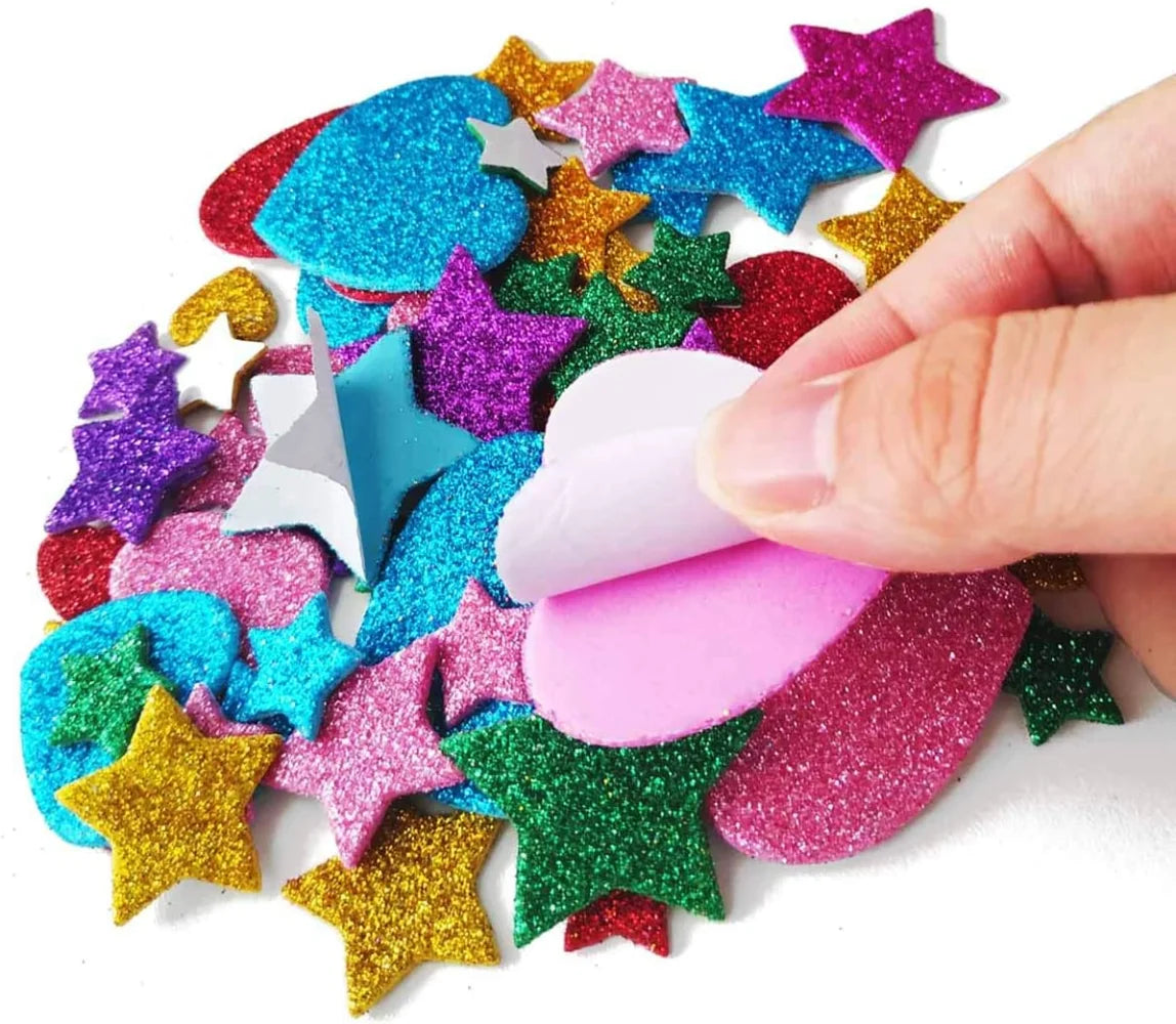 sticker mousse brillants coeurs étoiles multicolores adhésifs enfants artisanaux pack 30 pièces