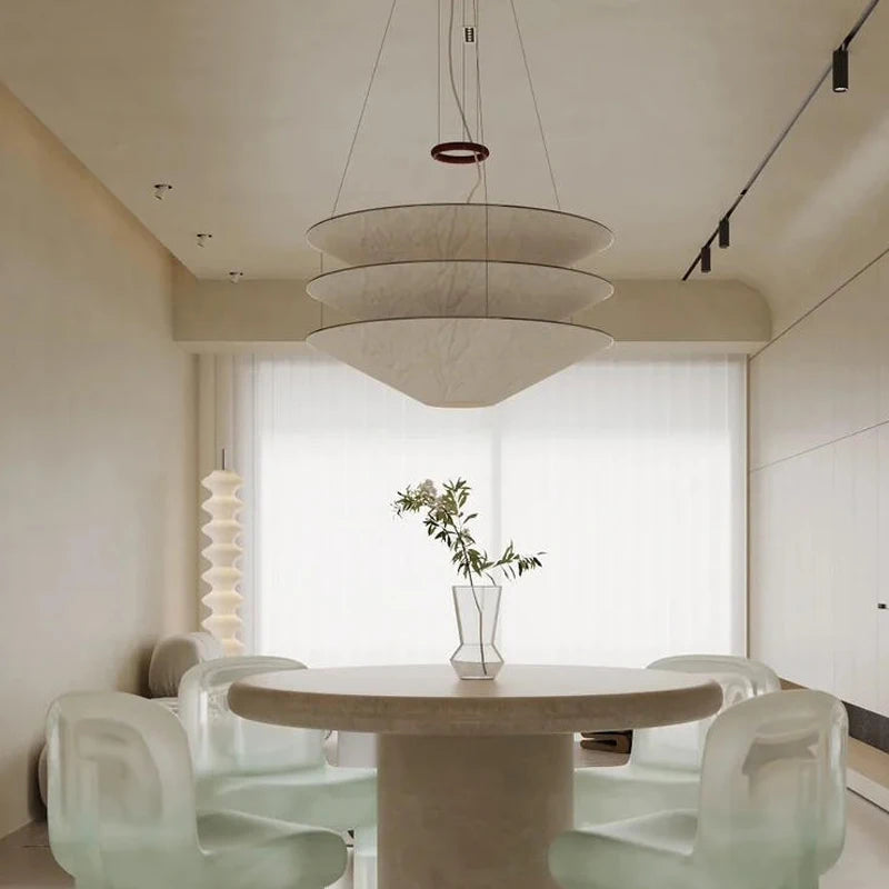 suspension lumineuse moderne blanc texture naturelle opacité minimaliste câbles lumière neutre chambre salon
