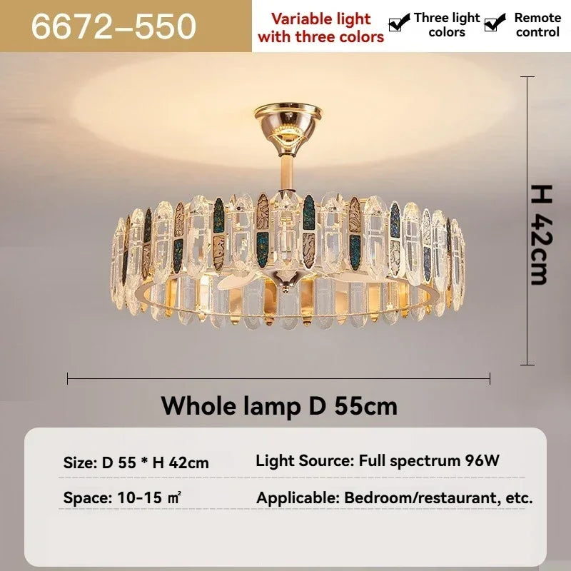 lampe suspendue moderne élégante cristal brillant télécommande dorée led fixée ventilateur