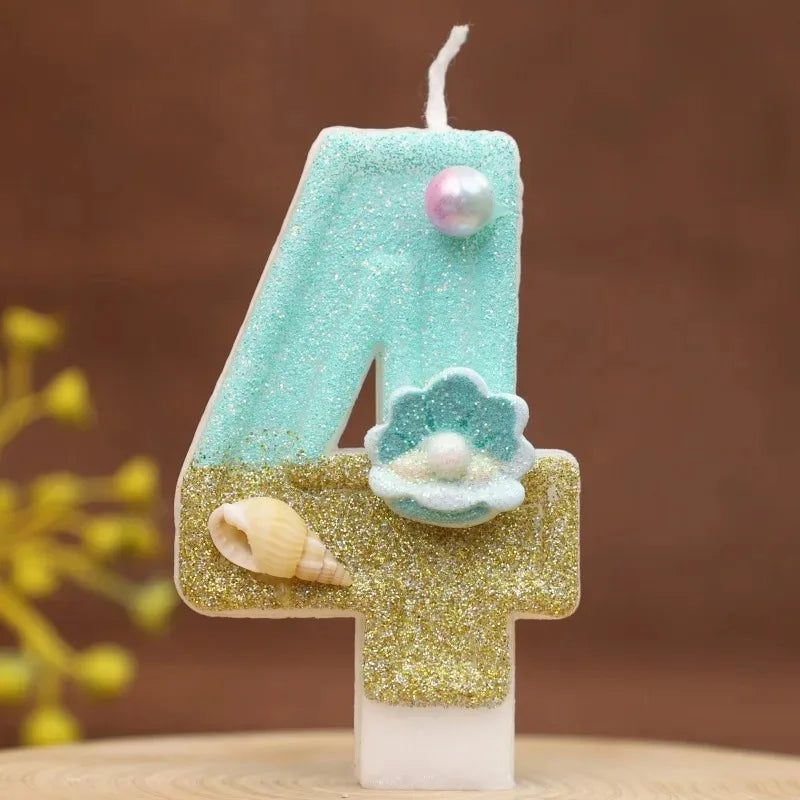 bougies numériques forme chiffres glitter thème marin anniversaire turquoise doré blanc coquillages clips