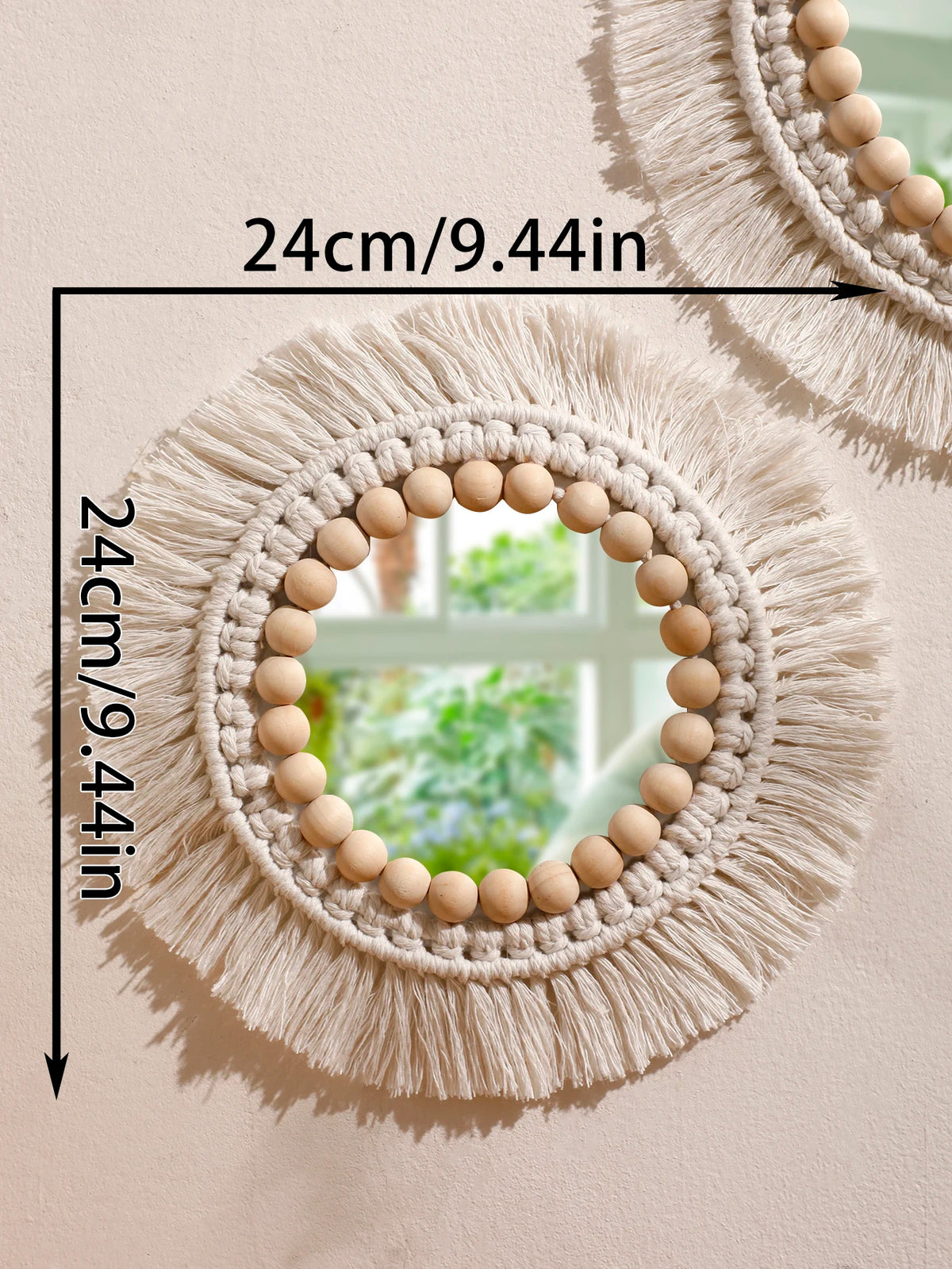 miroir boho macramé franges chambre salon décoration murale artisanale blanc beige