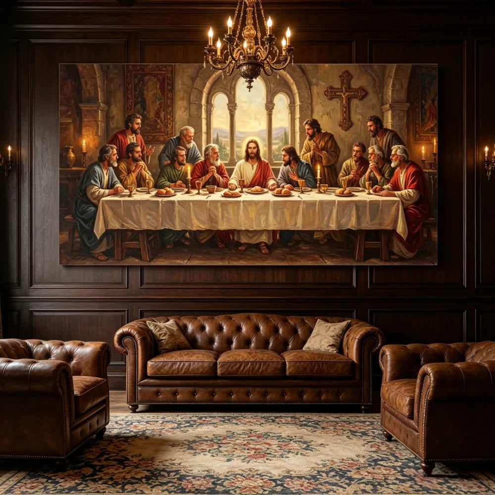 tableau mural toile cène jésus apôtres peinture religieuse classique salon salle manger multicolore personnages
