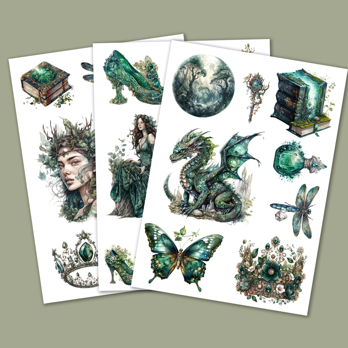 autocollants adhésifs naturels fantastiques feuilles papillon livre dragon blanc vert noirs artisanat scrapbooking