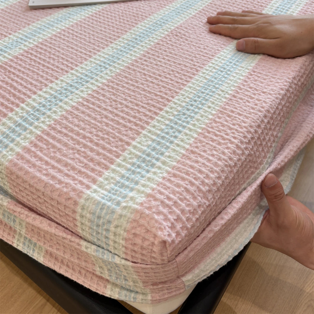 draps housse coton polyester lit adultes rose bleu clair beige rayures horizontales simple opacité