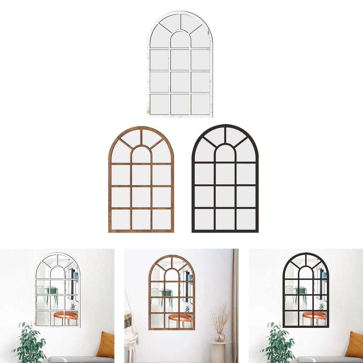 miroir arqué fenêtre bois blanc marron noir structure vieillie décoratif vintage chambre salon