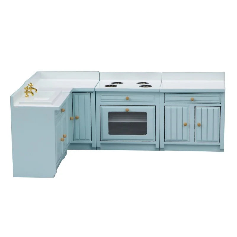 cuisine miniature classique tabouret évier robinet meubles poignées comptoir tapis assiettes ustensiles théière fruits