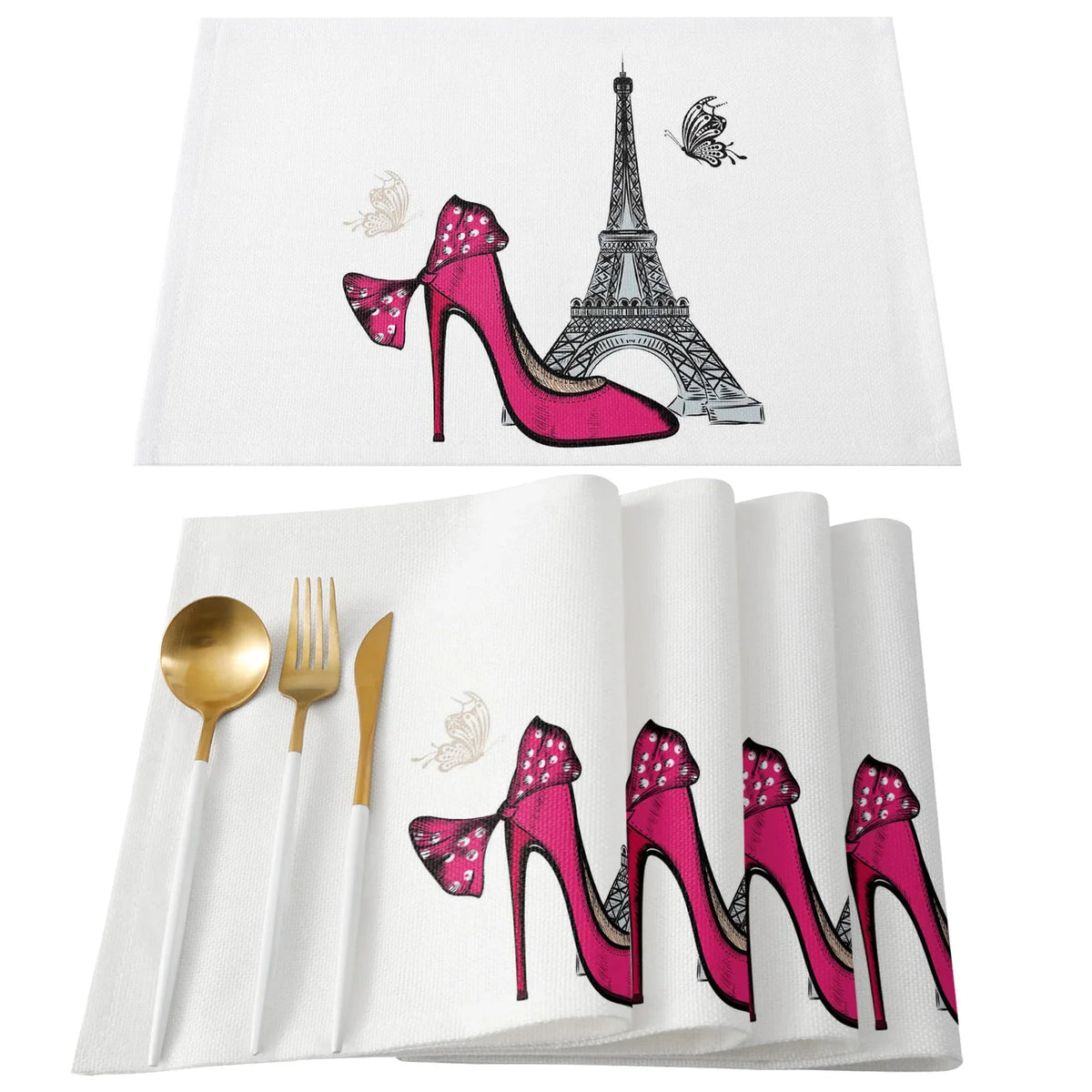 serviettes table imprimées tour eiffel fleurs cerisier moderne rose gris beige