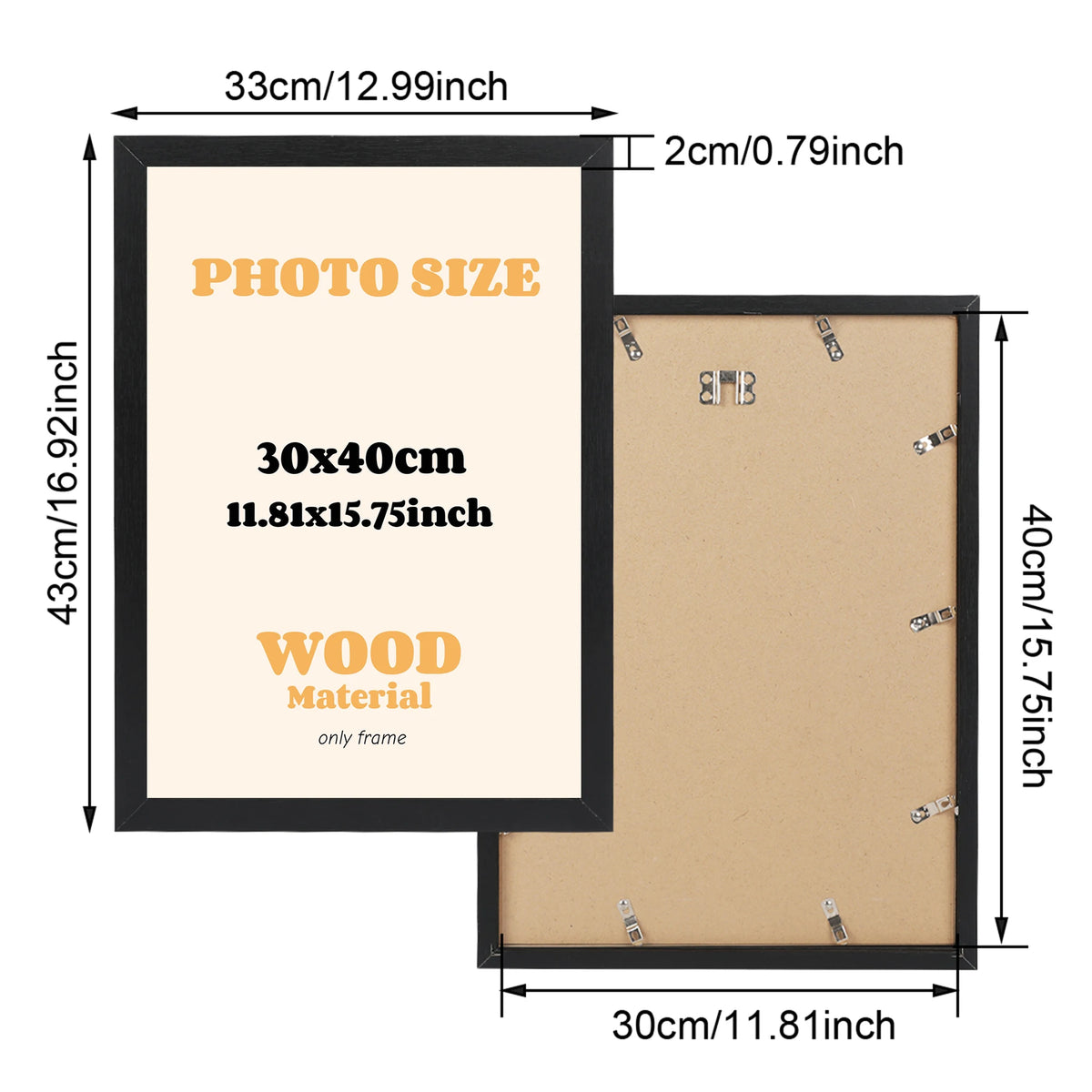 cadre photo moderne bois noir beige acrylique transparent clips ressort 30x40cm support emballage