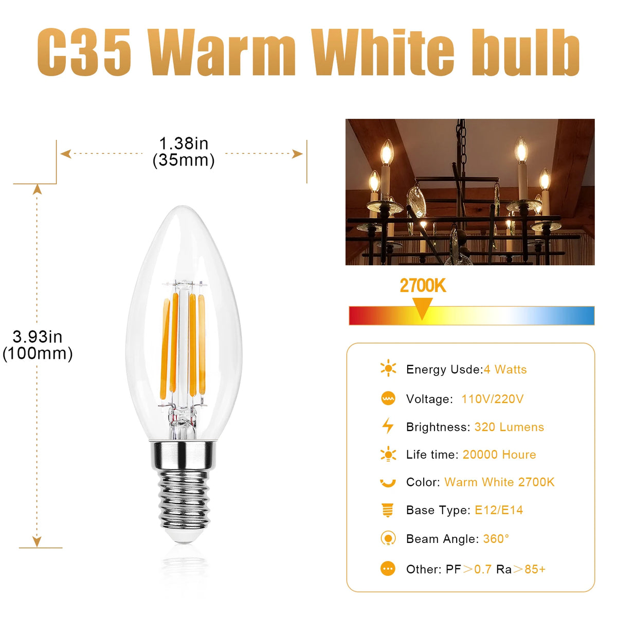 ampoules led 4w équivalent 40w blanc chaud 2700k filament doré culot e12 e14 vintage