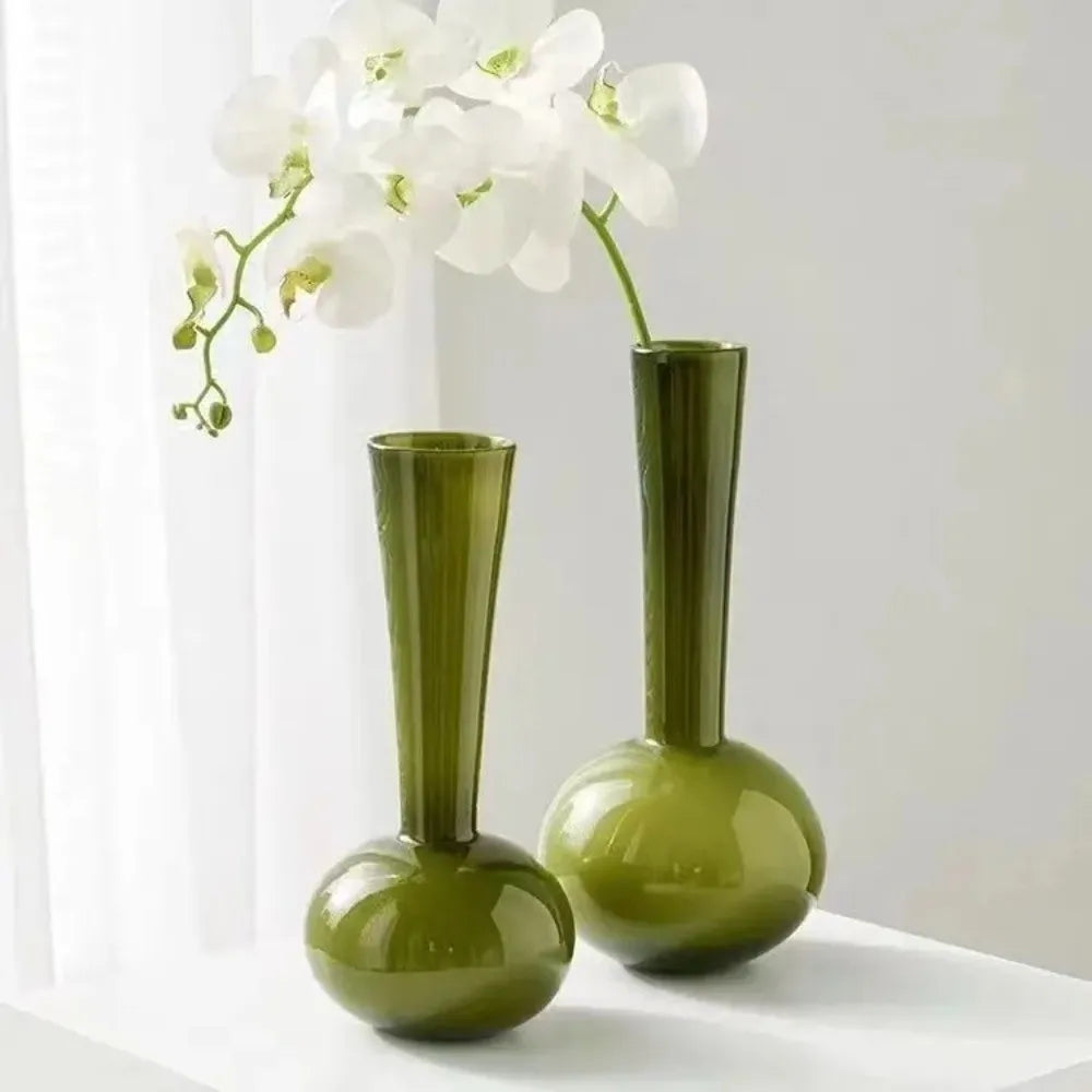 vase vert olive transparent moderne minimaliste hauteur 32cm 36cm ouverture 8cm 7cm base 6cm