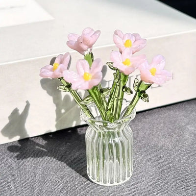 Mini bouquet de fleurs en verre soufflé à main violet avec vase décoratif