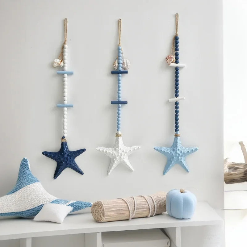 décoration murale marin étoiles mer coquilles blanc bleu clair bleu foncé texture bois fixations