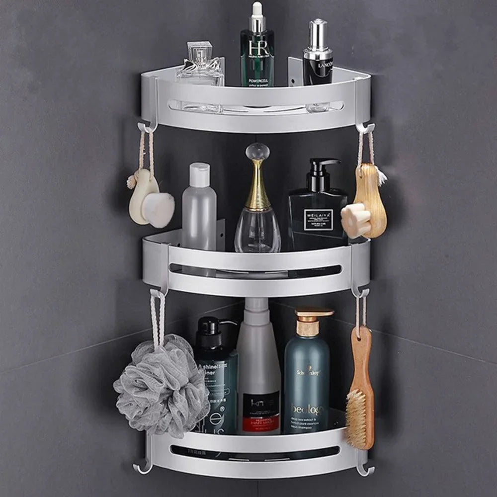 étagère angle moderne noire blanche or adhésive réutilisable salle bain douche trois niveaux fixations
