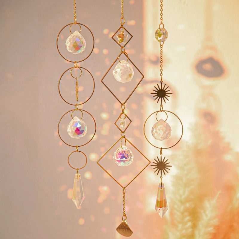 attrape soleil cristal suspension jardin décoration extérieure luxe motifs lune étoile diamant doré boho