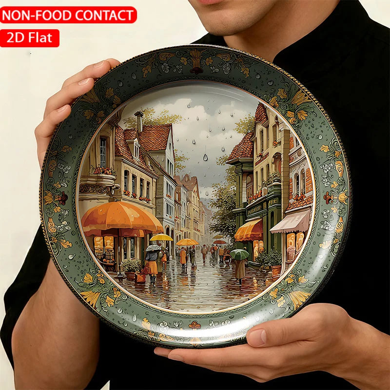 assiette décorative céramique rue pluie vert beige marron gris peinture classique fixations murales 20cm