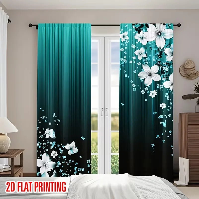 rideau moderne fleurs blanches turquoise noir polyester chambre salon 60x150cm 75x166cm 105x230cm 130x210cm