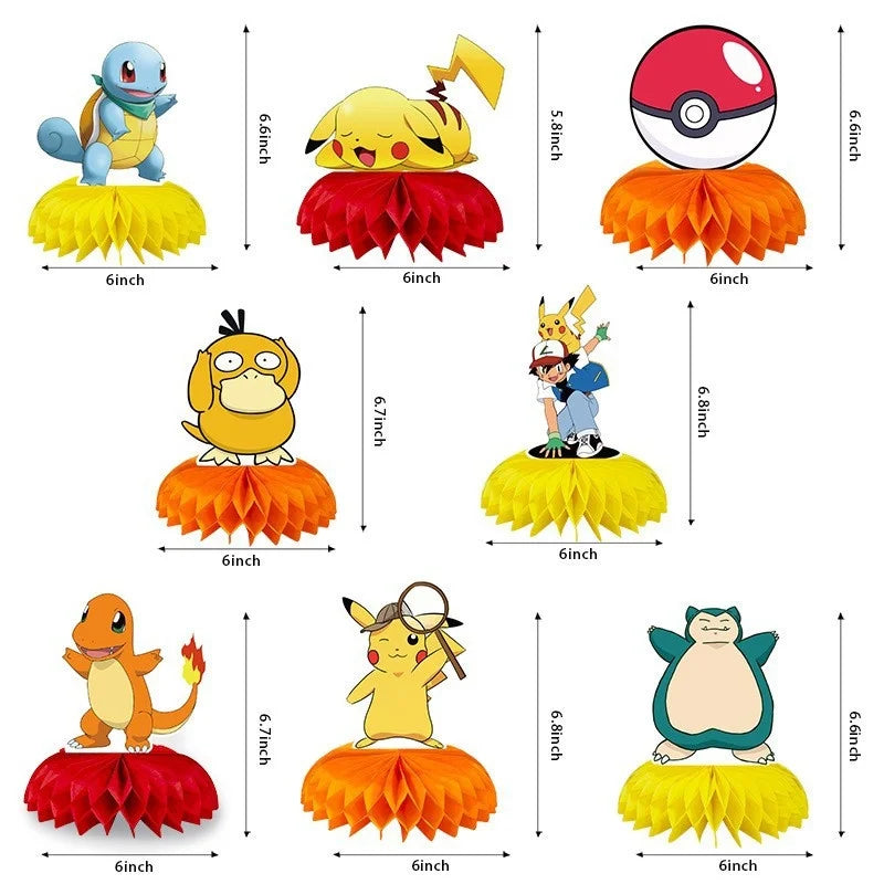 décorations table fête motifs pokémon rouge orange jaune bleu vert hexagonaux figurines pompons