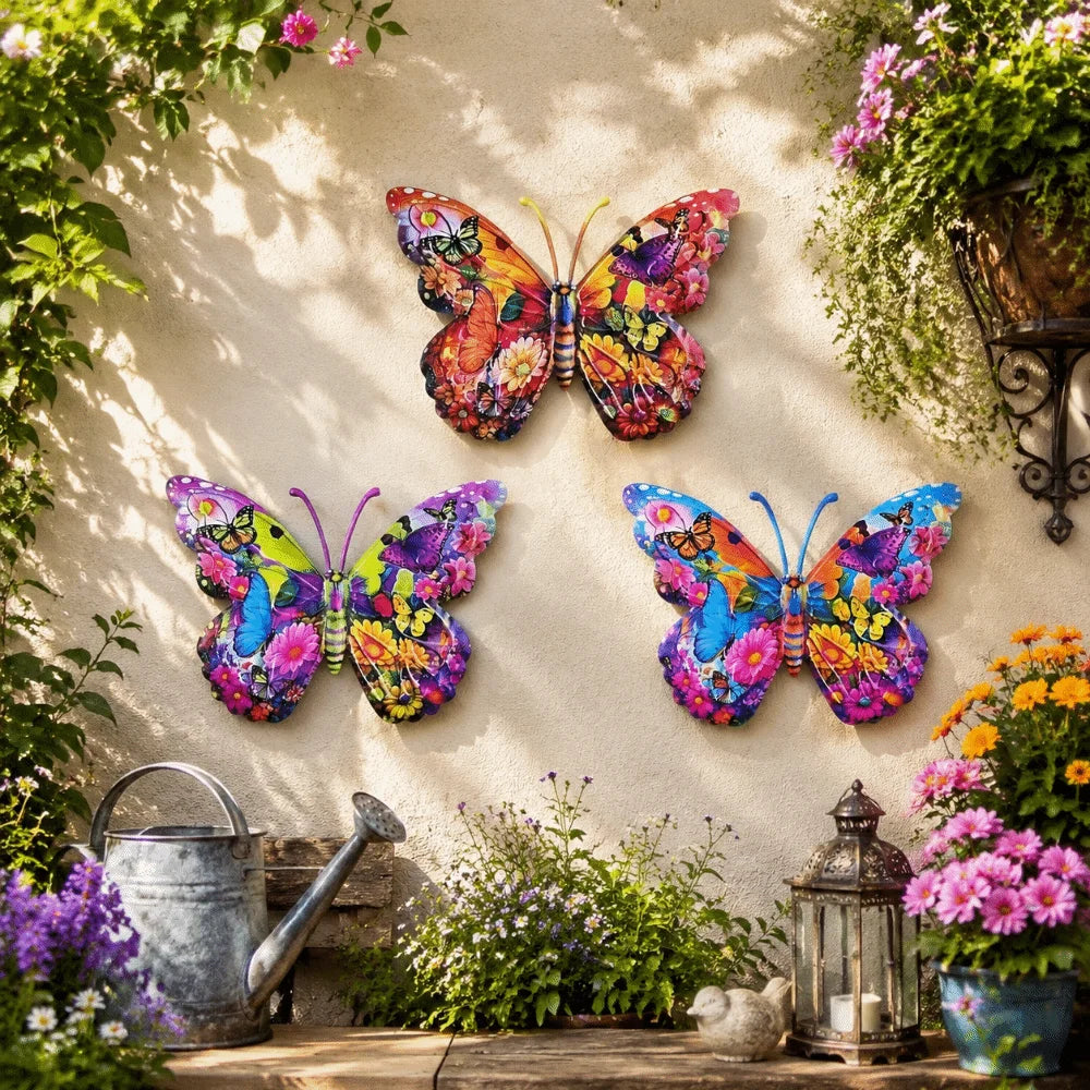 décoration murale papillon multicolore fleurs métal artificiel extérieur pièces moderne