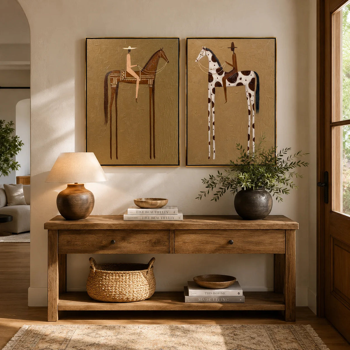 tableau moderne minimaliste chevaux stylisés motifs géométriques couleur marron beige noir blanc toile sans
