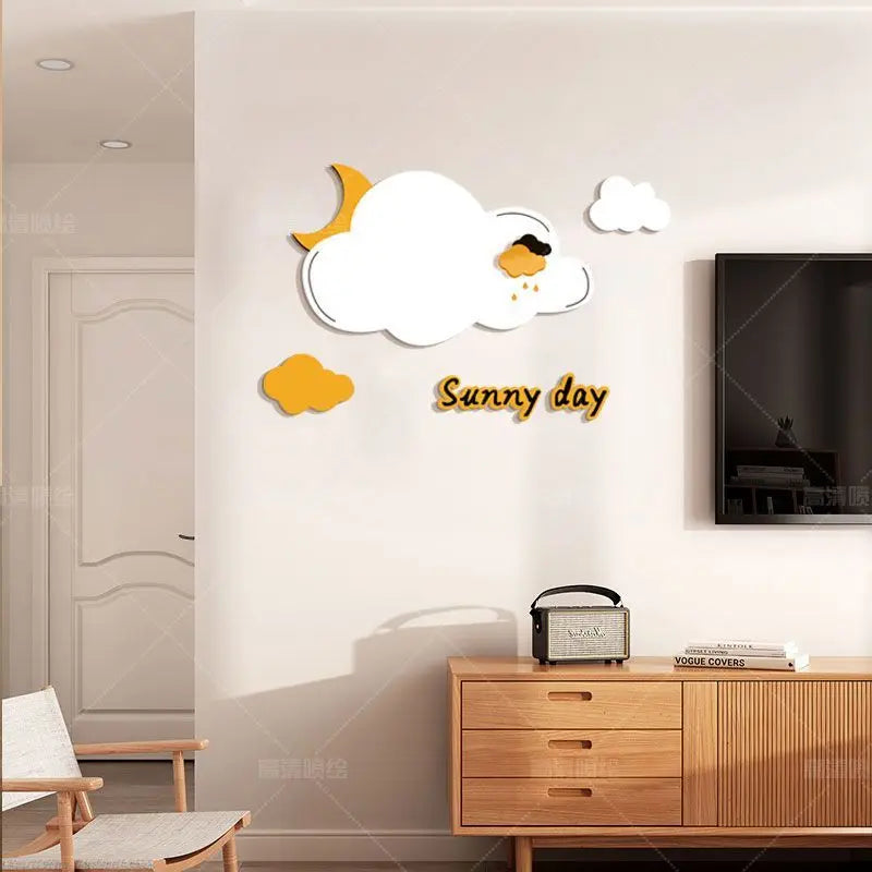 décoration murale nuages lune oiseau sunny day adhésif moderne blanc jaune noir