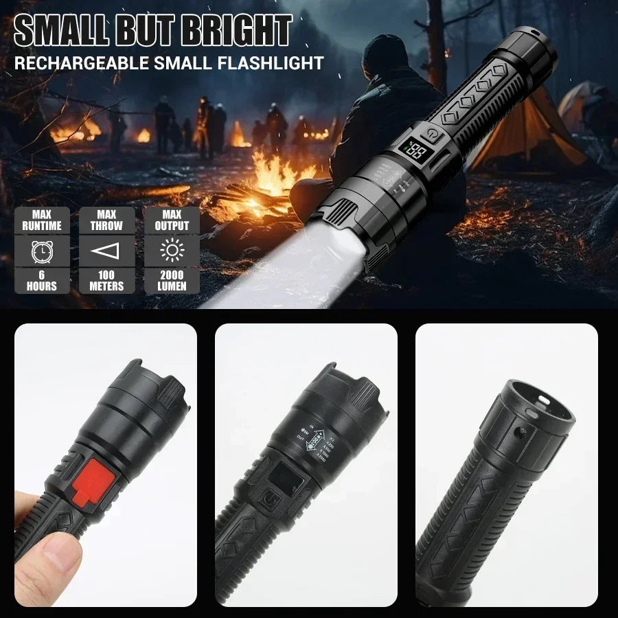 torche led rechargeable 2000lm anti choc affichage numerique lumiere intense campingurgence
