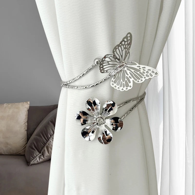 anneaux rideau décoratifs papillon fleur métal brillant or argenté moderne floral pièces