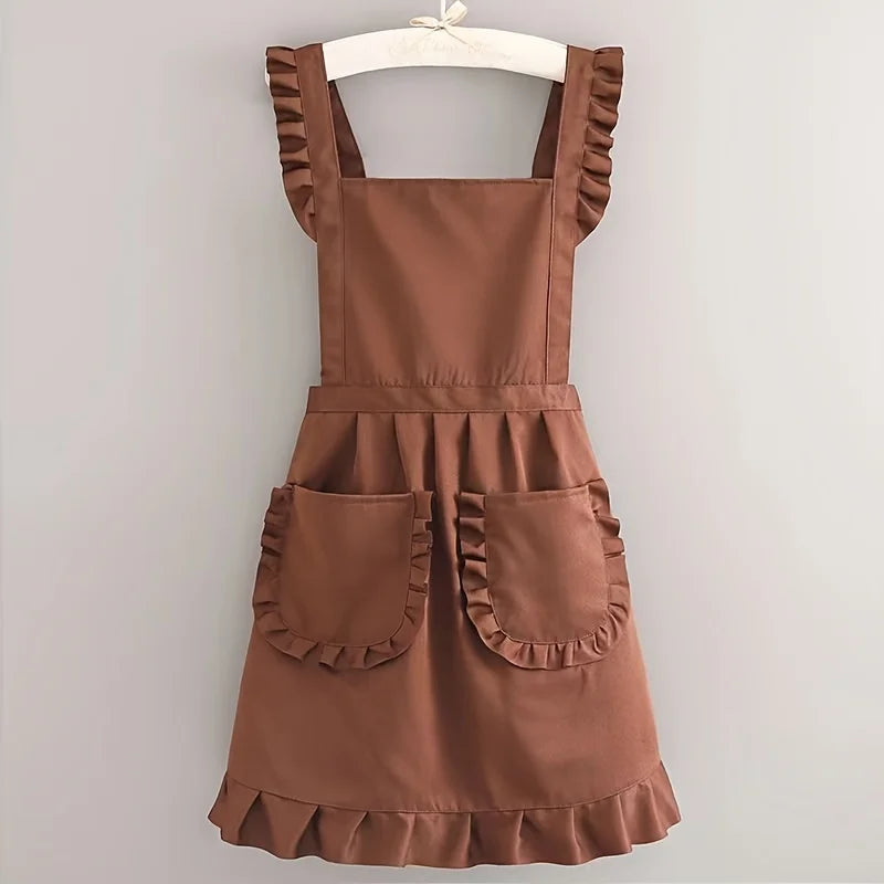 tablier marron noir beige clair ruches bordures attaches epaules poche avant classique opacite toile